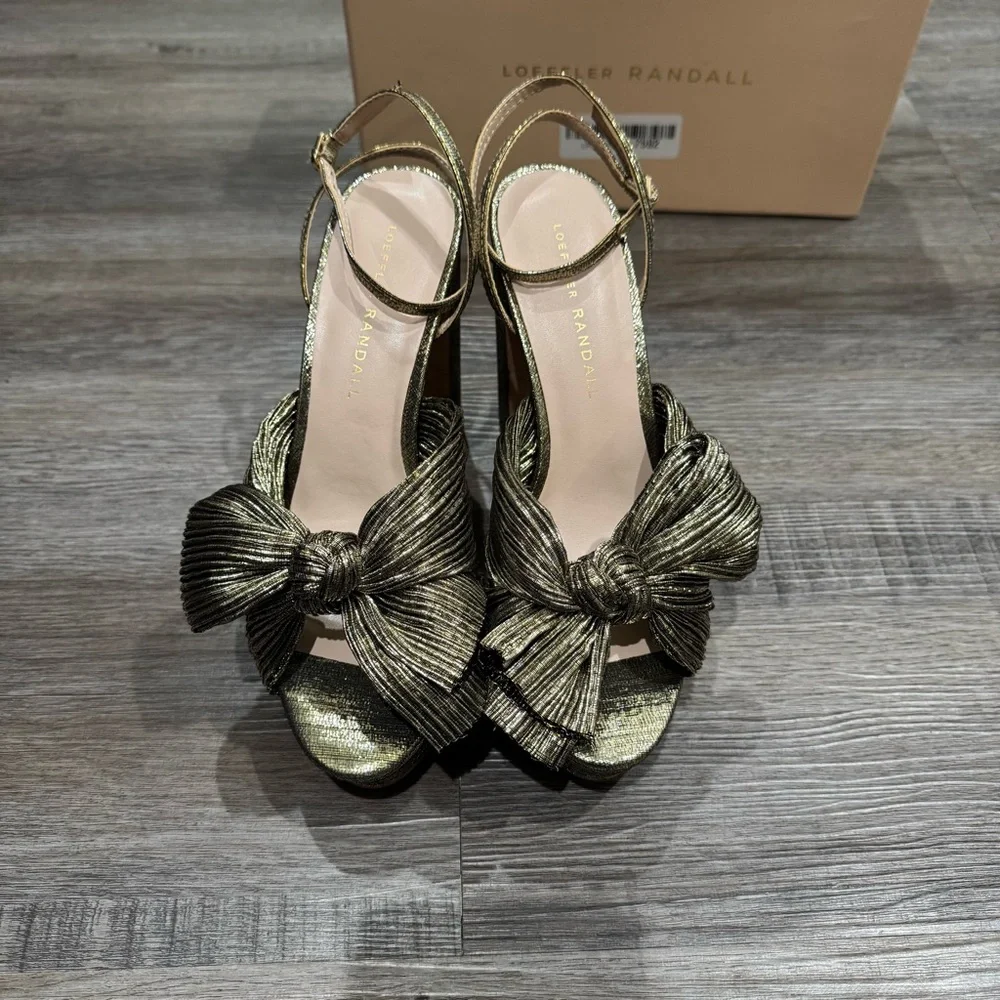 Loeffler Randall Natalia Fabric Pleated Bow Gold Platform Sandal Heels
